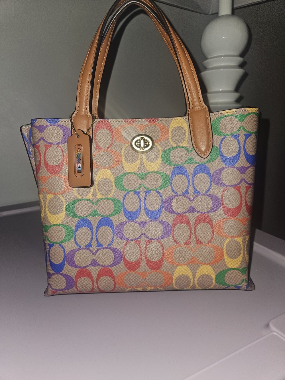 Coach Multicolor Signature Canvas Tote with Tan Leather Handles
